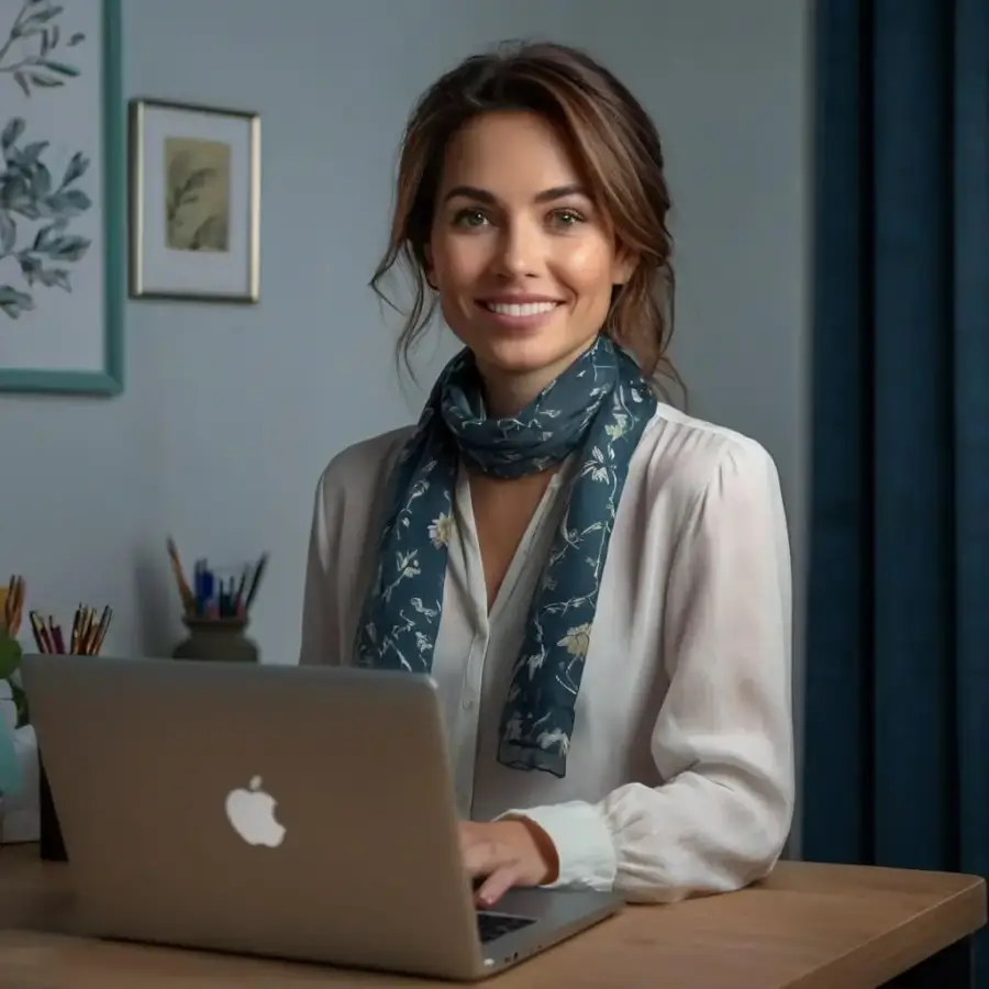 Studio owner at her desk working on her laptp